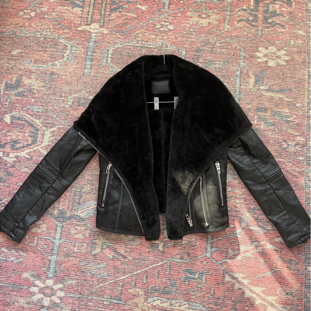 Blank NYC Black Leather Jacket with Faux Fur Collar